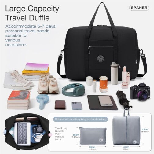 SPAHER Lufthansa Wizzair Eurowings Travel Bag Hand Luggage Bag 55 x 40 x 23 cm Lightweight Travel Bag Large Foldable 50L Waterproof Bag Aeroplane Travel Duffle Bag Cabin Bag Weekender Women Men, black – Bild 3