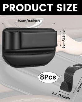 Side Pockets Organiser with Cable Hole, Car Leather Drink Holder Gap Pocket, Gap Filler for Car Seats with USB Charging Hole, Black Car Seats Storage Bag with 8 Hooks for Phone, Keys, Glasses