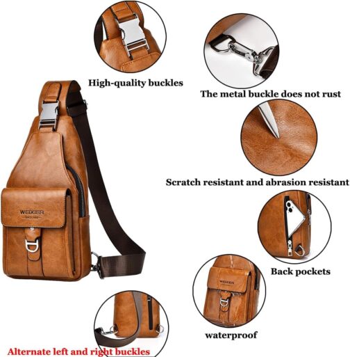 Hjkiopc Sling Bag for Men, Leather Chest Bag, Waterproof Shoulder Bags, Casual Lightweight Bag, Mobile Phone Bag, Crossbody Bag for Hiking, Cycling, Camping, Light brown 1, Retro – Bild 4