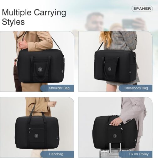 SPAHER Lufthansa Wizzair Eurowings Travel Bag Hand Luggage Bag 55 x 40 x 23 cm Lightweight Travel Bag Large Foldable 50L Waterproof Bag Aeroplane Travel Duffle Bag Cabin Bag Weekender Women Men, black – Bild 5