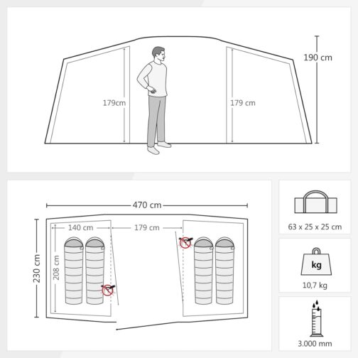 JUSTCAMP Lake 4 Camping Tent, 4 Person Family Tent, Large, Sturdy, Waterproof for Festival, Portable, High Dome Tent with Two Sleeping Cabins and Anteroom with Standing Height, Tunnel Tent – Bild 2
