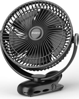 BIVBTP 20 cm Portable Clip-On Fan, 12000 mAh Battery Fan with Clip for Pushchair, 720 Degree Rotation, 4 Speeds, USB Desk Fan for Office, Outdoor Travel, Camping (Black)