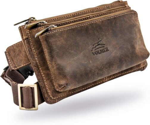 Fa.Volmer ® Bum Bag / Belt Bag / Waist Bag in Real Leather for Men and Women | Black or Brown | Adjustable Strap up to 118 cm, Brown M1, Belt bag with spacious compartments