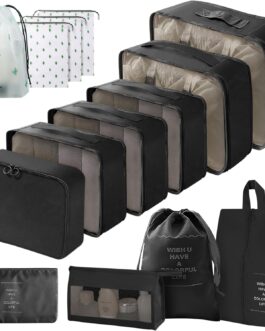 Gemtte Suitcase Organiser Set, 14 Pieces Waterproof Packing Cubes, Multifunctional Travel Packing Cubes, Suitcase Organiser Packing Bags for Suitcases, Travel Organiser Set with Clothes Bags (Black)