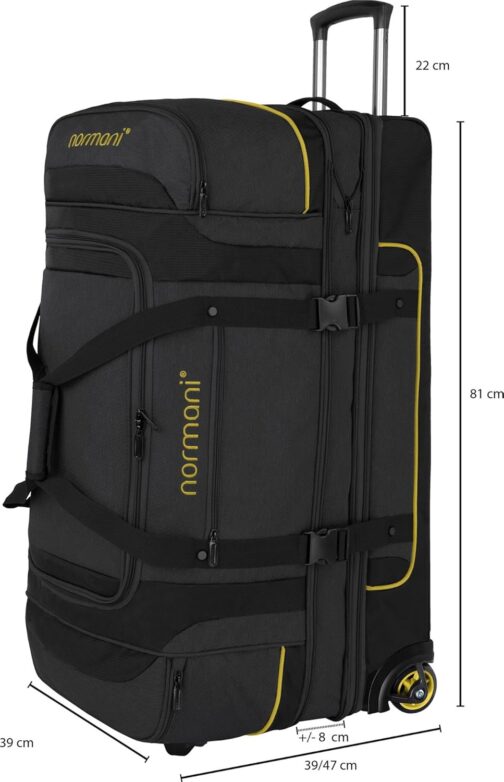 normani Travel Bag 2-Wheel Trolley 120-150 Litres Soft Luggage Travel Bag with Wheels and 6 Compartments - Expandable Travel Trolley - Roller Bag Sports Bag 81 x 39 x 39/47 cm, black/yellow – Bild 5