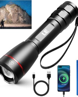 LE Extremely Bright LED Torch Rechargeable USB, 15000 Lux Osram P9 Torches, IPX7 Waterproof Zoomable Torch with 5 Modes, Rechargeable Tactical Torch for Camping, Outdoor, Hiking