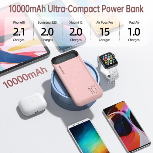 Power Bank 10000 mAh Mobile Phone Portable Charger External Battery Pack with 2 USB 2.4A Outputs and USB C Input Compatible with Huawei iPhone 12 11 X iPad Samsung S20 Android Tablet (Pink, Large) – Bild 4