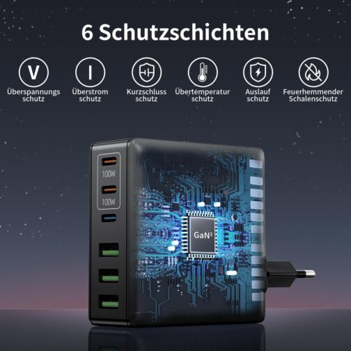HSSNS 300 W USB-C Charger, 6 Port USB Charger, Multiple Fast Charger with 3 USB-C and 3 USB-A, GaN PD Charger USB C for MacBook iPad Pro/Air, iPhone 16 15 Pro Max, Samsung etc. – Bild 6