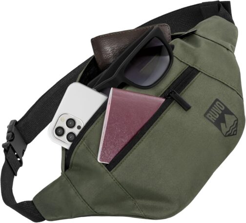 RUVO® Bum Bag for Men and Women | Stylish Belt Bag for Maximum Storage Space | 4 Compartments Each with Zip | Suitable for All Activities, olive, bum bag