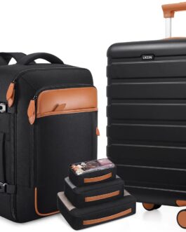 Roadcheer Hard Shell Suitcase Set with 4 Wheels, Large, PC Lightweight Travel Suitcase with TSA Lock, Black – Brown, Luggage set, 5 pieces, Modern