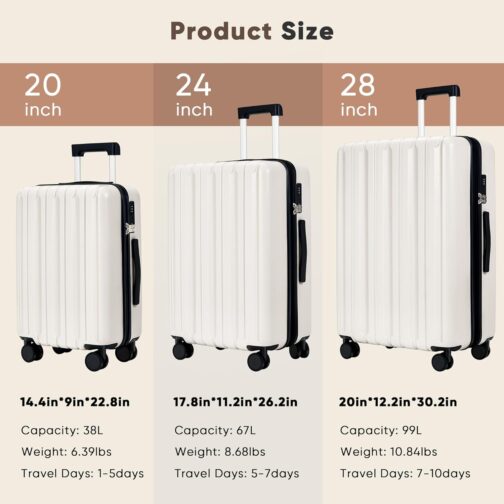 SHOWKOO Suitcase Set Hard Shell Expandable Lightweight 100% Polycarbonate Durable Travel Suitcase Trolley Hand Luggage Sets with TSA Lock and 4 Wheels, White – Bild 9
