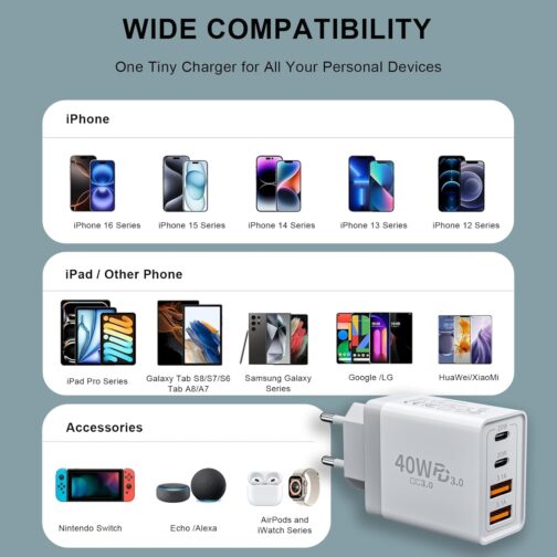 USB C Ladegerät, 40W 4-Ports Mehrfach Ladegerät mit USB-C und USB A, Schnellladegerät PD 3.0 Power Adapter USB Netzteil Stecker für iPhone 16/15/14/13/12/11/Pro Max/XS/XR, iPad Samsung Galaxy S25 – Bild 7