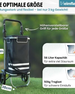 Heimfleiss® Foldable Shopping Trolley with 56 L Volume [+ Spare Wheels] | Foldable Shopping Trolley with 50 kg Load Capacity | Lightweight Shopping Bag with Wheels | Hackenporsche Shopping Trolley
