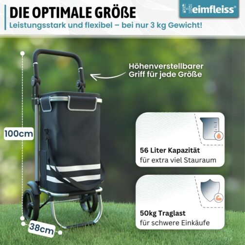 Heimfleiss® Foldable Shopping Trolley with 56 L Volume [+ Spare Wheels] | Foldable Shopping Trolley with 50 kg Load Capacity | Lightweight Shopping Bag with Wheels | Hackenporsche Shopping Trolley – Bild 2