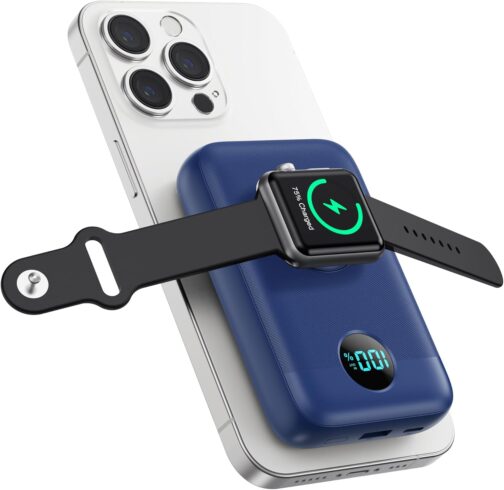 Magnetic Power Bank 10800 mAh for MagSafe, 4-in-1 Wireless Power Bank with i-Watch Charger, QC4.0 + PD 22.5 W USB C Fast Charging External Battery with LED Display for Apple Watch/iPhone 15/14/13/12