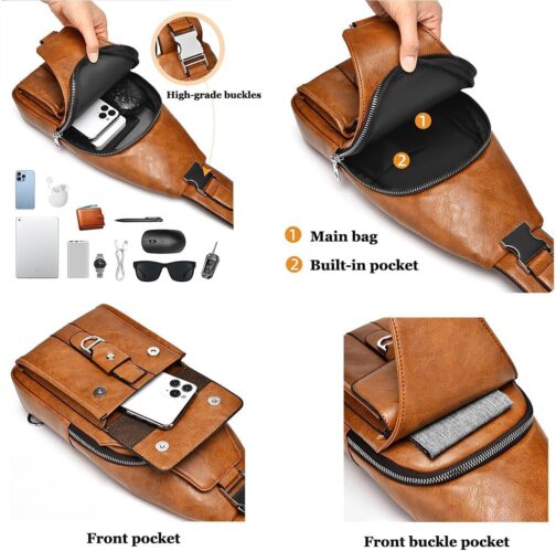 Hjkiopc Sling Bag for Men, Leather Chest Bag, Waterproof Shoulder Bags, Casual Lightweight Bag, Mobile Phone Bag, Crossbody Bag for Hiking, Cycling, Camping, Light brown 1, Retro – Bild 5