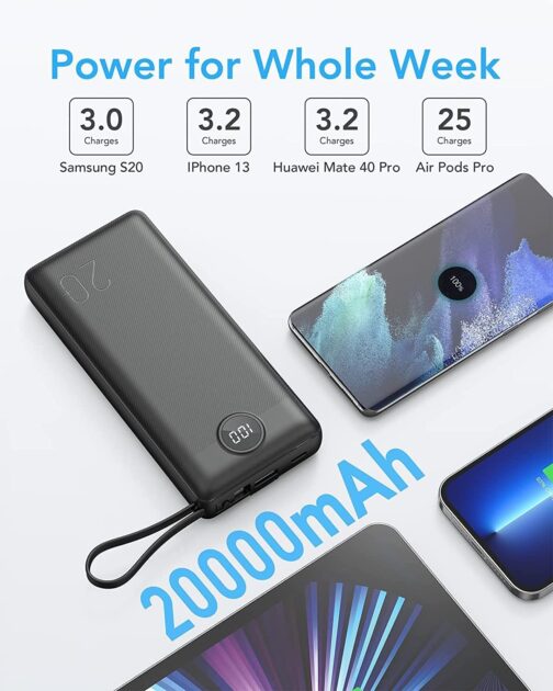 VRURC Powerbank 20000 mAh with Cable USB C Power Bank Fast Charging 22.5 W Portable Charger Fast Charging with LED Display External Mobile Phone Batteries Compatible with iPhone, Huawei, Samsung etc – Bild 5
