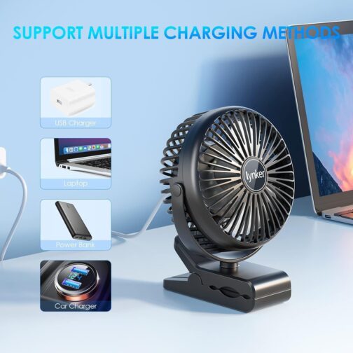 lynker Mini USB Clip Fan 10000 mAh, 12-40h, 3-in-1 Clip Fan Table Fan Hanging Fan with LED Light, Quiet Camping Fan, 360° Rotation, 3 Speeds for Office, Trips – Bild 5