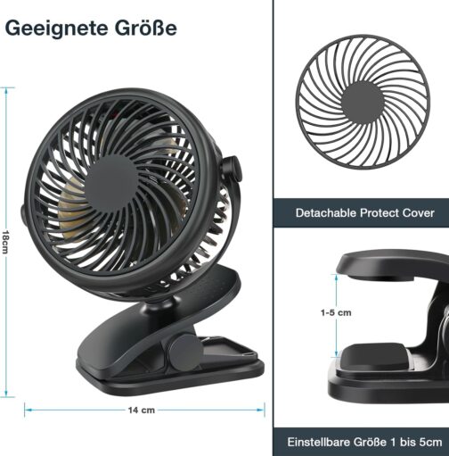 GMGXX USB Fan, Portable 4800 mAh Battery Fan, Mini Fan with Clip & 3 Speeds, 720° Rotating Fan, Quiet for Bedroom, Office, Car, Camping, Pushchair – Bild 5