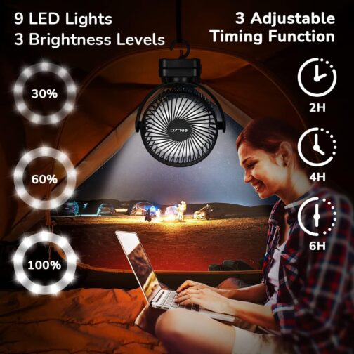 ELZO 12000 mAh Camping Fan, Rechargeable Table Fan, USB Mini Fan with LED Light and Hook, 360° Rotation, Quiet with Remote Control – Bild 3