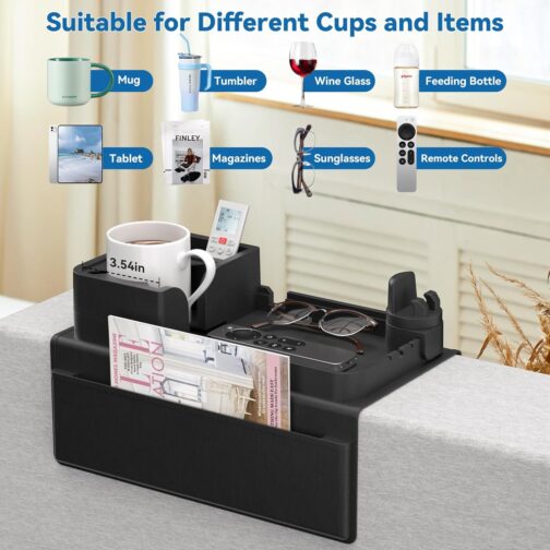 CLESOO Sofa Tray Armrest with Drink Holder, Non-Slip Sofa Tray with Two Side Pockets and Phone Holder, Silicone Anti-Spill Couch Organiser for Cup, Phone, Tablet, Snack, Black – Bild 5