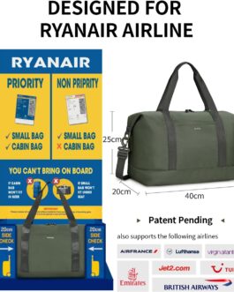 ECOHUB 20L Ryanair Hand Luggage 40 x 20 x 25 cm, Hand Luggage Bag for Airplane, Foldable Travel Bag with Removable Wet Bag, Ryan Airlines Bag 40 x 20 x 25, Weekender Women Men, Patent Pending, Green