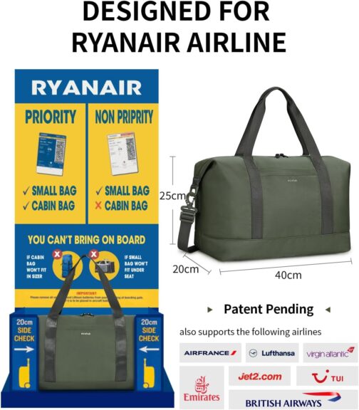 ECOHUB 20L Ryanair Hand Luggage 40 x 20 x 25 cm, Hand Luggage Bag for Airplane, Foldable Travel Bag with Removable Wet Bag, Ryan Airlines Bag 40 x 20 x 25, Weekender Women Men, Patent Pending, Green – Bild 2