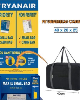Ryanair Hand Luggage, 40 x 20 x 25 cm, Hand Luggage for Aeroplane, Foldable Travel Bag for Women, Weekender Bag, 20 L, A-Black, (20L) UK, Black
