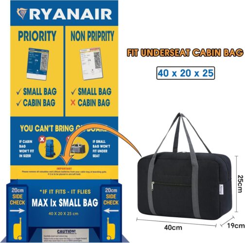 Ryanair Hand Luggage, 40 x 20 x 25 cm, Hand Luggage for Aeroplane, Foldable Travel Bag for Women, Weekender Bag, 20 L, A-Black, (20L) UK, Black – Bild 2