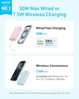 Anker Zolo Magnetic Power Bank, Compact 10,000 mAh Charger with 30 W Max. Fast Charging, Wireless and Portable, Skin-Friendly and Robust Battery, for iPhone 16/15 Series, AirPods and More