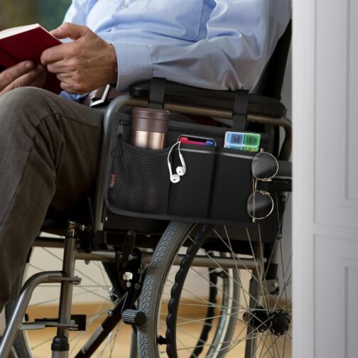 FINPAC Wheelchair Bag for Armrest - Wheelchair Bag with Reflective Stripes Wheelchair Bag with Name Card Compartment for Walkers, Mobility Scooters, Rollators (Black) – Bild 7