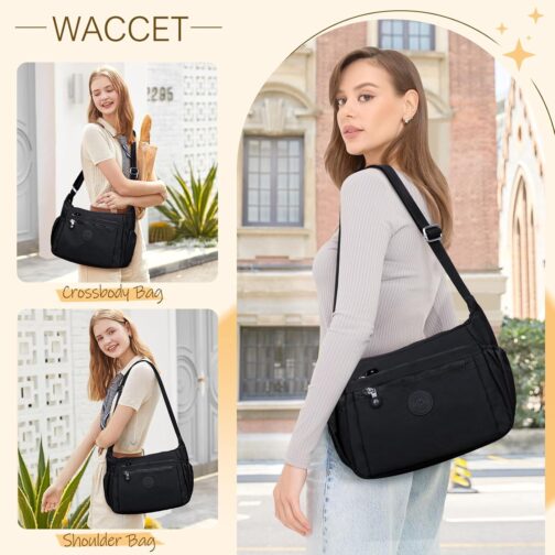 WACCET Women's Large Shoulder Bag, Waterproof Nylon Crossbody Bag with Adjustable Wide Shoulder Strap, Women's Handbag with Many Compartments, Lightweight Shoulder Bag for Travel, Work – Bild 6