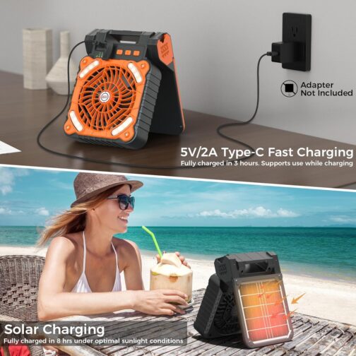 Kihhvlo Solar Camping Fan with LED Lantern & USB-C - 4 in 1 Portable Table Fan 90° Rotation, 4 Speeds for Tent, Office, Bedroom and Outdoor – Bild 5