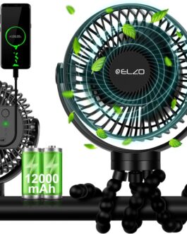 ELZO 12000 mAh USB Fan Quiet Max 60H Working Time, Hand Fan with 3 Speeds 360° Rotation, Portable Clip Fan, Table Fan with Flexible Tripod for Pram, Office, Car