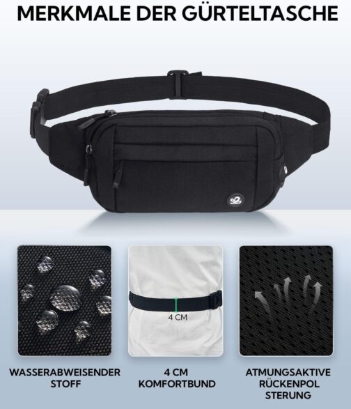 WATERFLY Bum Bag Waist Bag Men Women: Small Belt Bag Sport Bum Hip Bag Men Women Waist Fanny Pack with Extension Strap for Travel Hiking Dog Training Outdoor, black, money belt – Bild 6