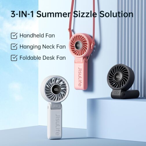 JISULIFE Life7 Handheld Fan, Powerful Portable Fan with LED Display, 19.5 Hours Maximum, 5000 mAh, 3-in-1 Hand/Desk/Neck Fan, Mini Fan for Travel (Grey) – Bild 7