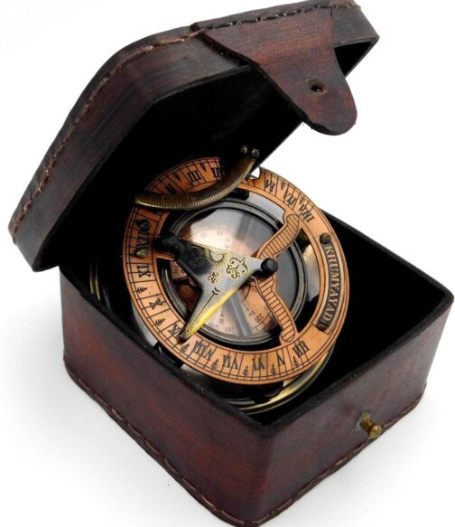 KHUMYAYAD Handmade Brass Sundial Compass Fully Functional with Pure Leather Case