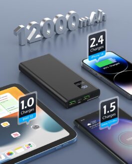 Power Bank 12000 mAh, Power Bank Small But Strong (USB C Output & Input) 3A External Mobile Phone Batteries with Quick Charging Function, Power Bank Large Capacity Compatible with iPhone 14 13 12