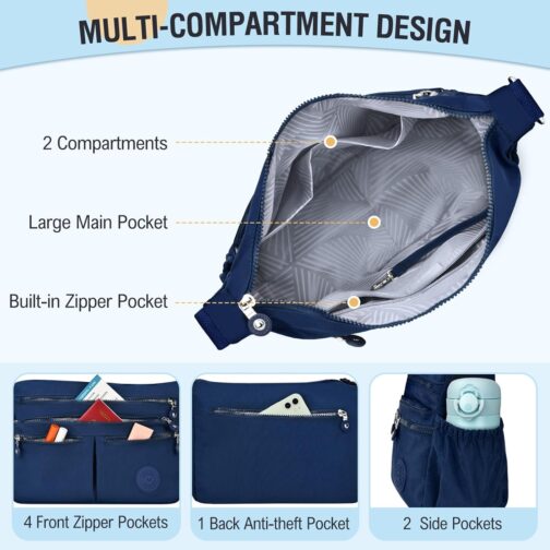 TEUEN Crossbody Bag Women's Large Capacity Waterproof Nylon Shoulder Bag Women's Medium Casual Handbag & Lightweight Shoulder Bag Large Messenger Bag with Many Compartments, blue, M, Minimal – Bild 4