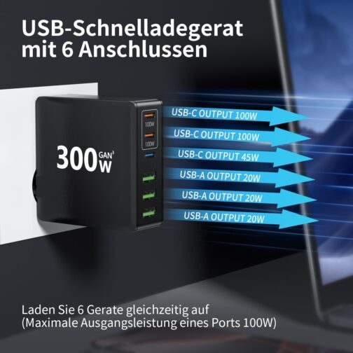 HSSNS 300 W USB-C Charger, 6 Port USB Charger, Multiple Fast Charger with 3 USB-C and 3 USB-A, GaN PD Charger USB C for MacBook iPad Pro/Air, iPhone 16 15 Pro Max, Samsung etc. – Bild 4