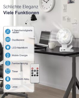 360° Oscillating Clip Fan with Remote Control – 10000 mAh Battery USB Table Fan Portable – Timer Function & 4 Levels Quiet Camping Clamp Fans – LED Light Mini Fan 75 Hours, Diameter 17.5 cm