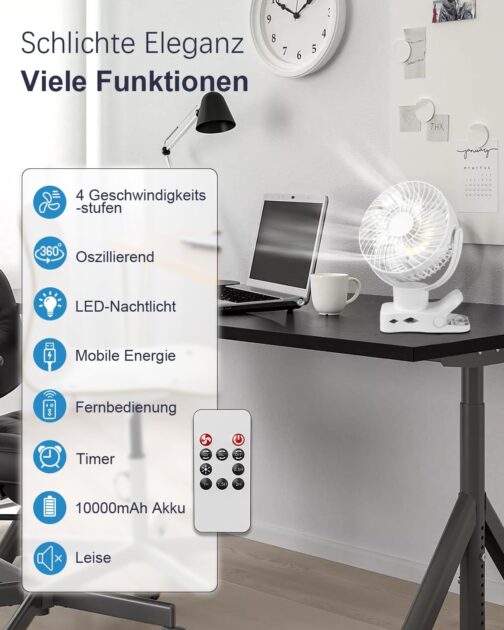 360° Oscillating Clip Fan with Remote Control - 10000 mAh Battery USB Table Fan Portable - Timer Function & 4 Levels Quiet Camping Clamp Fans - LED Light Mini Fan 75 Hours, Diameter 17.5 cm – Bild 2