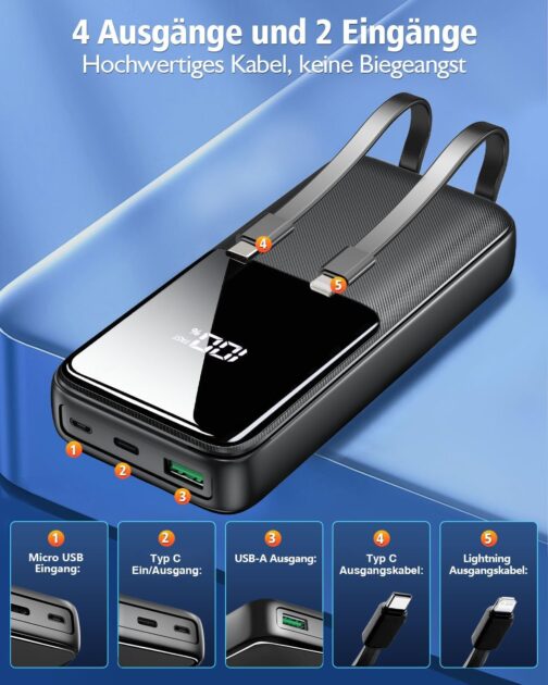 Power Bank 26800 mAh, Portable Charger with 3 Ports and 2 Integrated Cables, USB C Quick Charge Power Bank, External Battery, Compatible with iPhone 16 15 14 13 Samsung Galaxy, Black – Bild 3