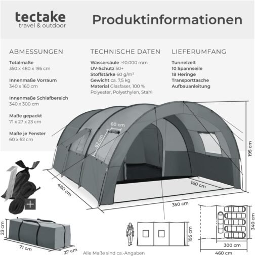 tectake® Tunnel Tent, 6 People, Family Tent, Large Tent with Awning and Groundsheet, UV Protection, Camping Tent with Carry Bag, 350 x 480 x 195 cm, Dark Grey/Light Grey – Bild 6