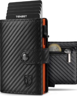 TENBST Men’s Wallet with Coin Compartment & RFID Protection, Slim Wallet Card Case Small, Men’s Wallet, 10 Compartments for Credit Cards, Black Orange, Classic