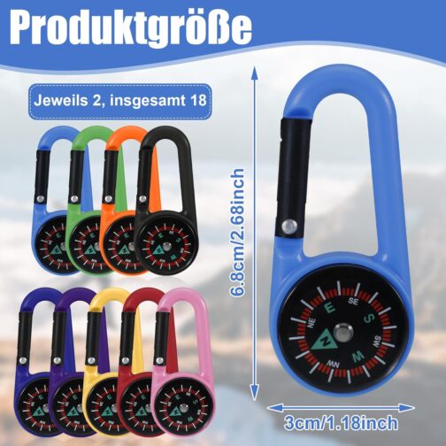 kodivenj Pack of 18 Compass with Carabiner Hook, Mini Compass Keychain, Multifunctional Portable for Outdoor Hiking Camping – Bild 2