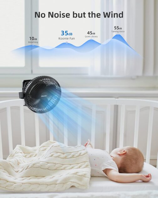 Koonie 10000 mAh Clip Fan, 20 cm Portable USB Fan Grow with Battery, 4 Speeds & 360° Rotation, Quiet Wall Fan, Table Fan for Home, Office, Pram, Camping, Grow Tent – Bild 4