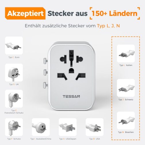 TESSAN Travel Adapter Worldwide, Universal Travel Plug with 3 USB A and 1 USB C, International Socket Adapter, Universal Adapter for England, USA, Japan, Thailand, Australia, Travel Adapter – Bild 4