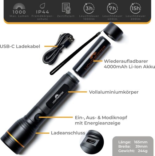 LICHTMEISTER® Torch (1000 lumens, 4000 mAh battery) - LED rechargeable and extremely bright torch – Bild 6
