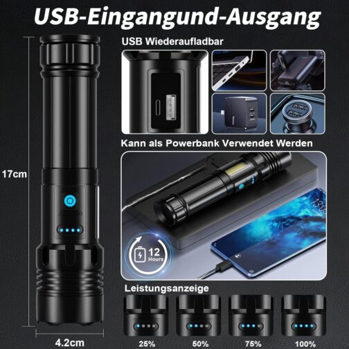 cinlinso LED Torch 500,000 Lumens, Extremely Bright Torch USB-C Rechargeable Tactical Torches with Holster, 7 Light Modes, Zoomable, IPX6 Waterproof for Camping, Hiking, Emergencies (with Battery) – Bild 5